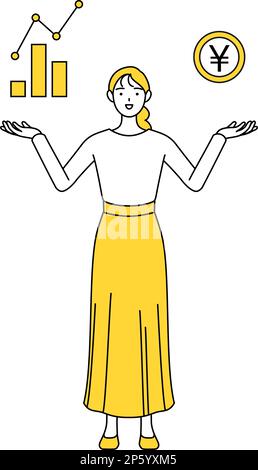 Una giovane donna vestita casualmente che guida un'immagine di DX, prestazioni e miglioramento delle vendite, Vector Illustration Illustrazione Vettoriale