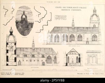 Piani di caratteristiche architettoniche locali - Cappella e Torre, King's College, Aberdeen University (pagina stampata), James Cromar Watt (Aberdeen, Scozia, 1862 - 1940) 1885 Foto Stock
