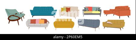 Set di divani moderni di diversi tipi e colori. Illustrazione Vettoriale