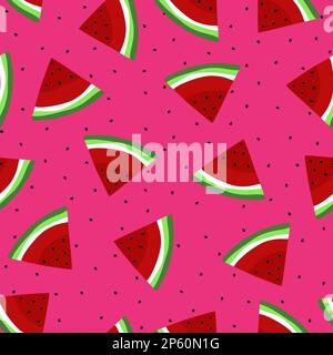 Motivo cocomero brillante senza cuciture. Cocomero a pezzi su sfondo rosa. Illustrazione Vettoriale