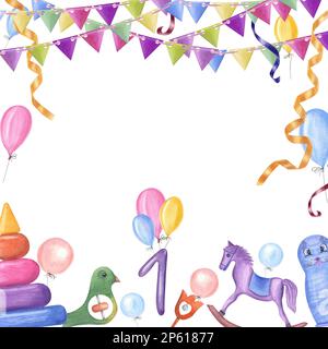 Carta acquerello per compleanni dei bambini isolata su sfondo bianco. Illustrazione dipinta a mano per biglietti d'auguri, poster, sfondo, cartolina Foto Stock