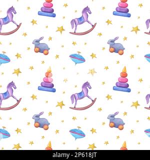 Acquerello modello senza cuciture di giocattoli di legno di capretto isolato su sfondo bianco. Illustrazione dipinta a mano per stampe per bambini, poster, sfondi Foto Stock