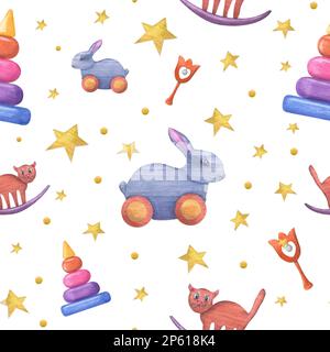 Acquerello modello senza cuciture di giocattoli di legno di capretto isolato su sfondo bianco. Illustrazione dipinta a mano per stampe per bambini, poster, sfondi Foto Stock