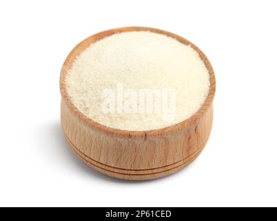 Polvere di gelatina in ciotola di legno isolata su bianco Foto Stock