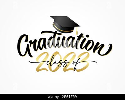 Classe di laurea di 2023 con tappo accademico quadrato. 2023 gratulazione Graduate, elegante scritta su sfondo bianco. Illustrazione vettoriale Illustrazione Vettoriale