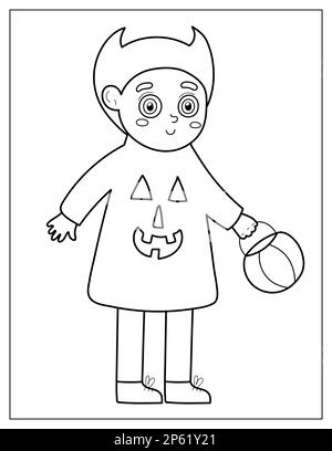 Pagina di colorazione di Halloween con un bambino in un costume diavolo Illustrazione Vettoriale