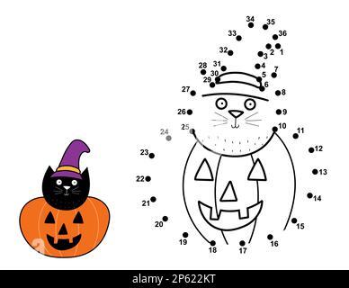 Gioco da punto a punto per i bambini. Collegare i puntini e disegnare un gatto in cappello sulla zucca Illustrazione Vettoriale
