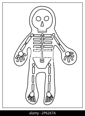 Pagina da colorare di Halloween con uno scheletro. Stampa spoky in stile cartoon per colorare il libro Illustrazione Vettoriale