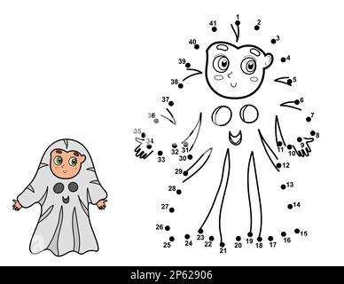 Gioco da punto a punto per i bambini. Collega i puntini e disegna un ragazzino carino in costume fantasma. Puzzle di Halloween Illustrazione Vettoriale