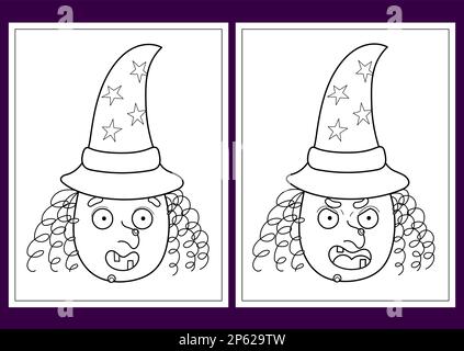 Halloween coloring pagine insieme con una strega carina - felice e arrabbiato Illustrazione Vettoriale