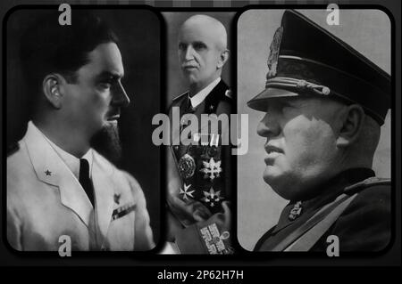 Vittorio Emanuele III Italo Balbo e Benito Mussolini, protagonisti della tragica dittatura fascista italiana degli inizi del Novecento Foto Stock