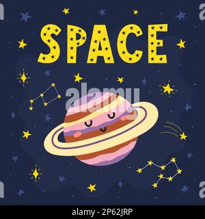 Stampa spaziale con il simpatico Saturno. Carta cosmica in stile cartoon Illustrazione Vettoriale