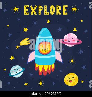 Esplora la stampa spaziale con un adorabile astronauta di leoni che vola a razzo Illustrazione Vettoriale