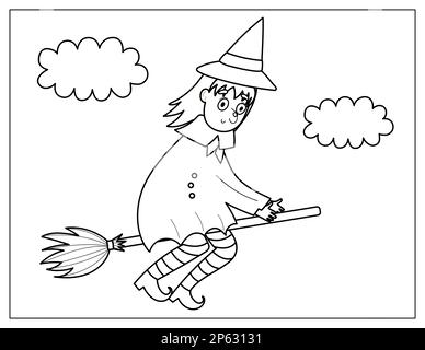 Pagina di colorazione di Halloween con una strega carina che vola sulla scopa Illustrazione Vettoriale