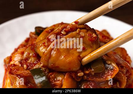 Piatto speziato. Cibo con un forte odore di mare e scivoloso. Cultura gastronomica coreana Foto Stock