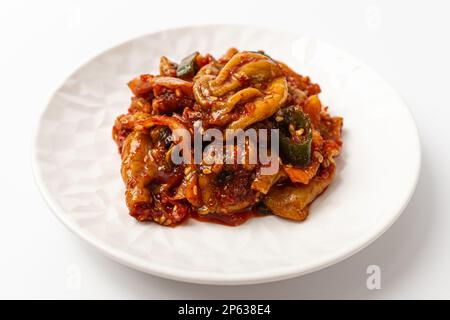 Piatto speziato. Cibo con un forte odore di mare e scivoloso. Cultura gastronomica coreana Foto Stock