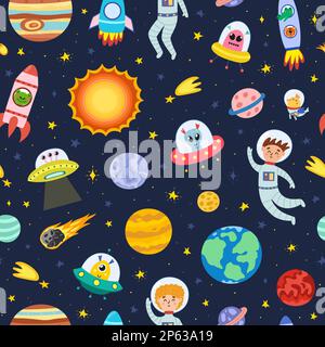 Carino spazio senza cuciture modello con astronauti, alieni e pianeti Illustrazione Vettoriale