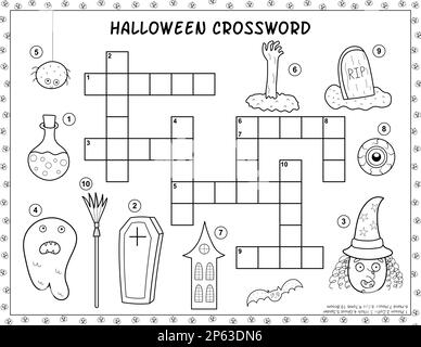 Black and white Halloween crossword activity page for kids Illustrazione Vettoriale