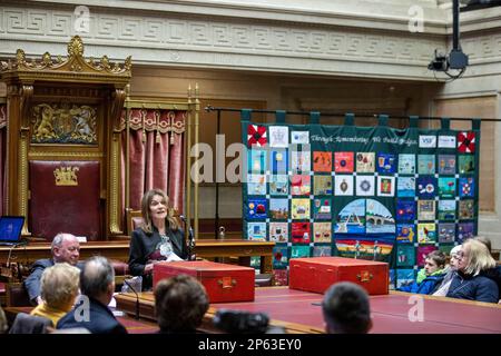 Mary Hornsey, la madre della vittima dei guai Paul Maxwell, parla nella Camera del Senato dell'Assemblea dell'Irlanda del Nord durante un evento della Giornata delle vittime. Paul, di 15 anni, di Enniskillen, è stato ucciso contemporaneamente a Lord Mountbatten in un'esplosione terroristica a bordo dello Shadow V, a Mullaghmore, nella contea di Sligo. Data immagine: Martedì 7 marzo 2023. Foto Stock