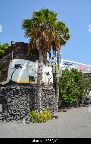 Torviscas Playa scritta su un muro di pietra sulla spiaggia, con palme a Costa Adeje, Tenerife, Spagna Foto Stock