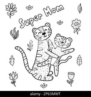 Super mamma colorazione pagina con carino tigri mommy e bambino Illustrazione Vettoriale