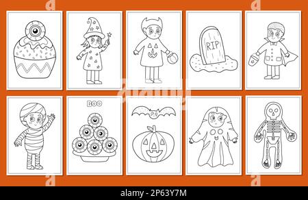 Pacchetto di pagine da colorare di Halloween. Carino caratteri spooky stampe set per colorare libro Illustrazione Vettoriale