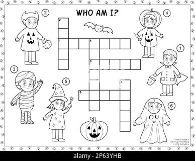 Crossword di Halloween bianco e nero con bambini carini Illustrazione Vettoriale