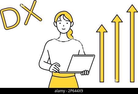 Immagine di DX, Una giovane donna vestita casualmente che ha migliorato con successo il suo business, Vector Illustration Illustrazione Vettoriale