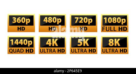 Risoluzione dimensioni video e TV sd, hd, Ultra HD, 4K, 8k. Risoluzione dello schermo. Illustrazione Vettoriale