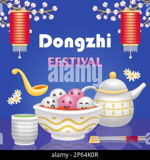 Dongzhi Festival. 3d illustrazione di carina zuppa dolce gnocchi, teiera e tè verde Illustrazione Vettoriale