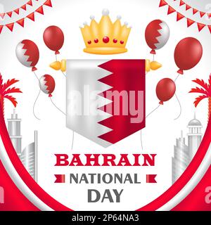 Bahrain National Day, 3D illustrazione della bandiera e della corona con ornamenti da costruzione e palloncini Illustrazione Vettoriale