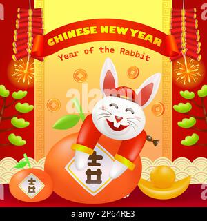 Capodanno cinese, anno del coniglio. 3d illustrazione di un coniglio che porta una lanterna con ornamento floreale, barre d'oro, arance e sfondo della casa Illustrazione Vettoriale