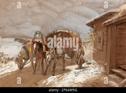 Сверчков Николай Егорович - Средняя лошадь - Повозка, запряженная тремя лошадьми у дома - Русская школа - XIX век - Sverchkov Nicholai Egorovich - Cavallo medio - carrozza trainata da tre cavalli da una casa - Scuola Russa - 19th ° secolo Foto Stock