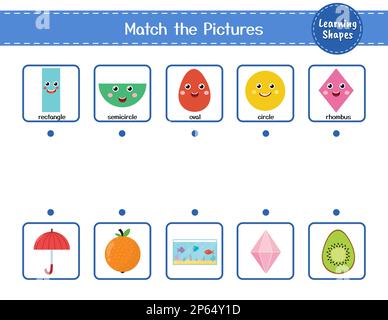 Abbina le forme agli oggetti. Pagina delle attività didattiche per i bambini Illustrazione Vettoriale