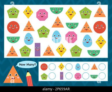 Quante forme pagina di attività per i bambini. Contare le forme e scrivere Illustrazione Vettoriale