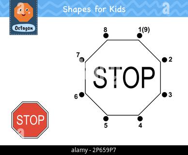 Collega i punti e disegna un segnale di stop. Gioco di numeri da punto a punto per i bambini Illustrazione Vettoriale