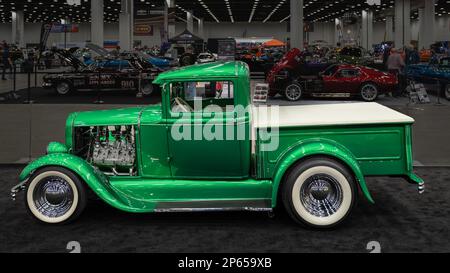 DETROIT, MI/USA - 24 febbraio 2023: 'Grasshopper', una Ford modello 1931 Un pick-up interpretazione, Detroit AutoRama. Costruttore: Fratelli Alexander Foto Stock