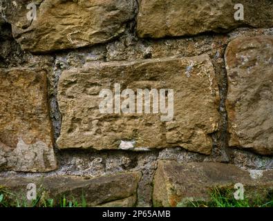 Black Carts Centurial Stone, Turret 29a, Vallo di Adriano, Simonburn, Northumberland, Inghilterra. Pietra centuriale riutilizzata nel lato nord del muro romano. Foto Stock