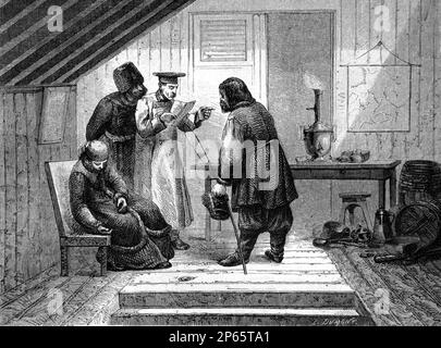 Uomo che legge la lettera nella stazione di relè postale, posta di staging o arresto di fase in Siberia Russia. Vintage Engraving o Illustrazione 1862 Foto Stock