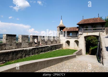 Svizzera Canton Friburgo, Gruyeres, città medievale Foto Stock