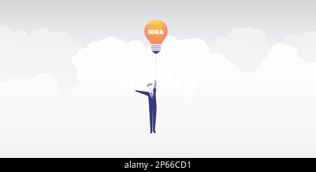 Uomo d'affari nel cielo, volare con una palloncino Lightbulb - Design Concept, Symbolises creatività, innovazione, idee creative, successo e soluzioni - V Illustrazione Vettoriale