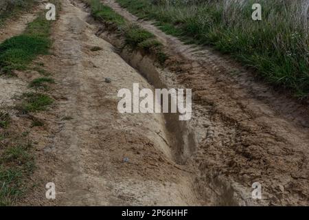 Strada sterrata sporca e lavata con tracce di acqua in primavera. Fuoristrada. Foto Stock