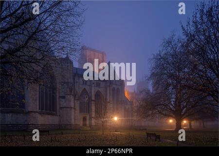 La Chiesa e la Chiesa Metropolitica di San Pietro, York Minster, avvolta nella nebbia all'alba in una tarda mattinata autunnale, York, Yorkshire, Inghilterra Foto Stock