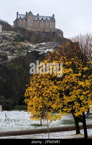 Castello di Edimburgo, patrimonio dell'umanità dell'UNESCO, nella neve con un albero autunnale in primo piano, Edimburgo, Scozia, Regno Unito, Europa Foto Stock