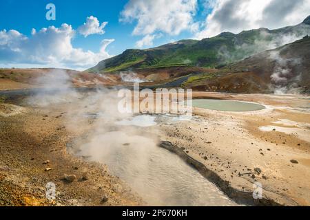 Piscine a vapore, area geotermica e sorgenti termali a Seltun Hot Springs, Krysuvik, la Regione capitale, Islanda, regioni polari Foto Stock