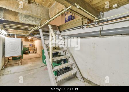 Amsterdam, Paesi Bassi - 10 aprile, 2021: L'interno di una stanza incompiuta con tubi a vista e apparecchiature elettriche sulla parete della stanza è molto sporco Foto Stock