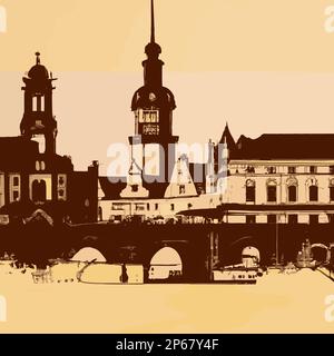 Dresda antica, Germania City Skyline. Illustrazione grafica vettoriale fatta a mano. Illustrazione Vettoriale