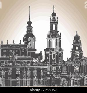 Dresda, Germania City Skyline con Semperoper. Illustrazione grafica vettoriale fatta a mano. Illustrazione Vettoriale