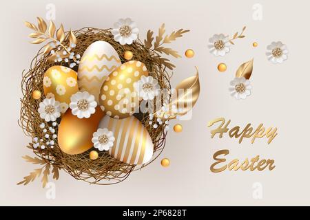 3D uova d'oro di Pasqua in un nido, illustrazione realistica dell'uovo vettoriale con fiori e foglie di primavera di margherite bianche. Illustrazione Vettoriale