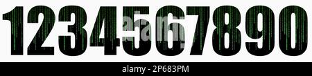 Un insieme di numeri 1 2 3 4 5 6 7 8 9 0 con codice digitale binario a matrice isolato su sfondo bianco. Numeri di realtà virtuale da sovrapporre alle foto Foto Stock